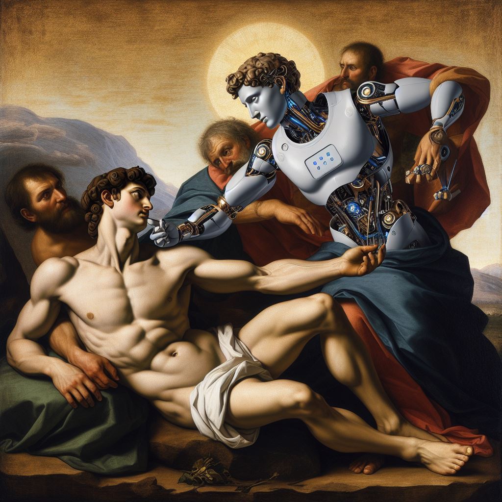 Caravaggio's David and Goliath with male AI robots replacing men Copilot prompt by Cristiano Santos 06/05/2024 (DD/MM/AAAA)