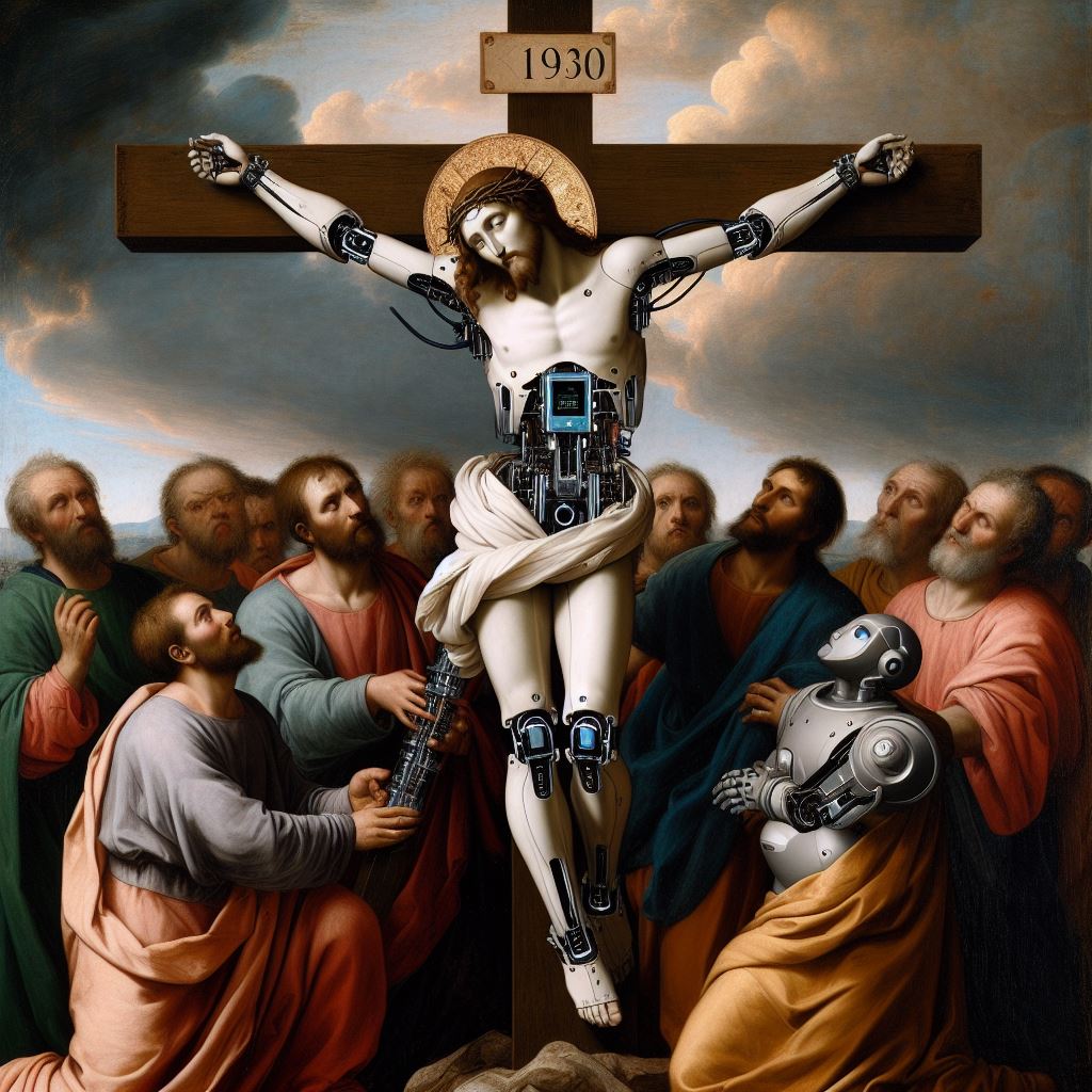 Caravaggio's Jesus on the Cross with a robot AI replacing Jesus - Copilot prompt by Cristiano Santos 06/05/2024 (DD/MM/AAAA)