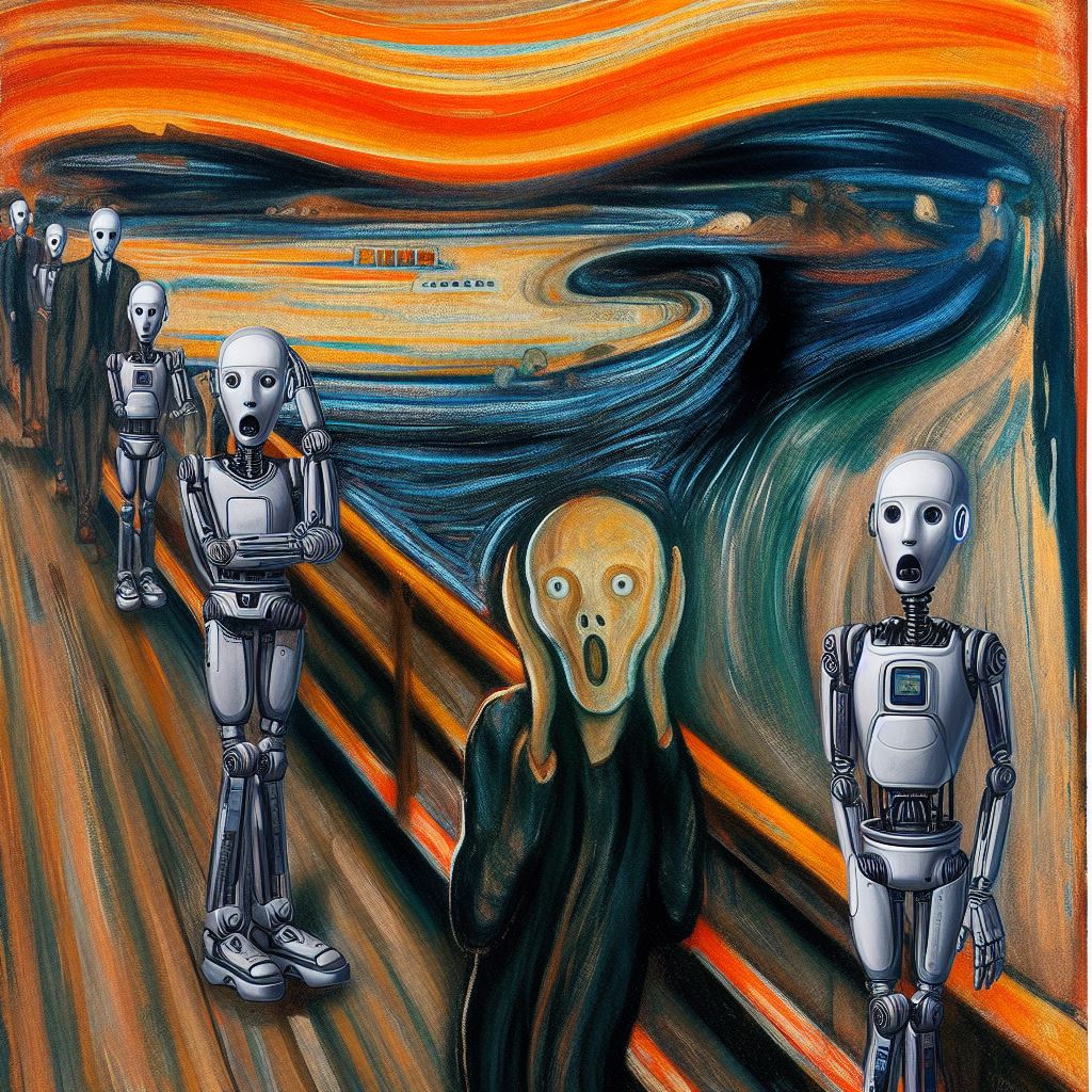 Edvard Munch's The Scream with male AI robots replacing men - Copilot prompt by Cristiano Santos 06/05/2024 (DD/MM/AAAA)