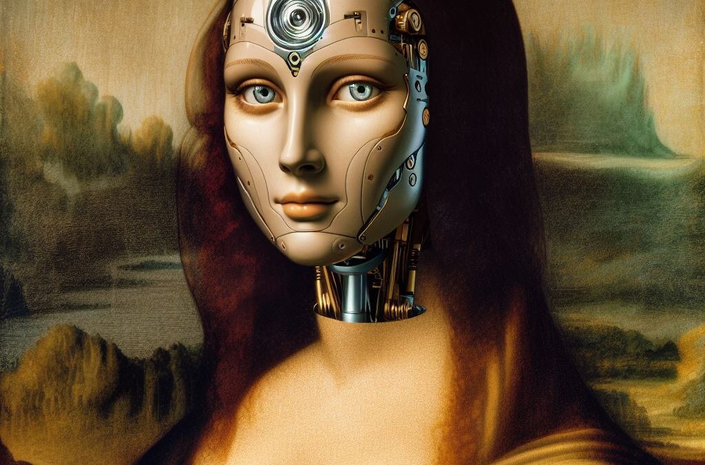 Leonardo-da-Vincis-Mona-Lisa-with-a-female-AI-robot-replacing-the-womans-face Copilot prompt by Cristiano Santos 07/05/2024