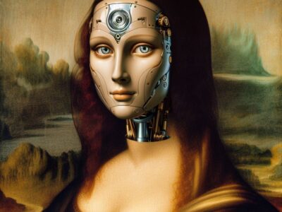 Leonardo-da-Vincis-Mona-Lisa-with-a-female-AI-robot-replacing-the-womans-face Copilot prompt by Cristiano Santos 07/05/2024