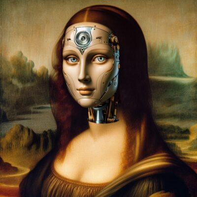 Leonardo-da-Vincis-Mona-Lisa-with-a-female-AI-robot-replacing-the-womans-face Copilot prompt by Cristiano Santos 07/05/2024