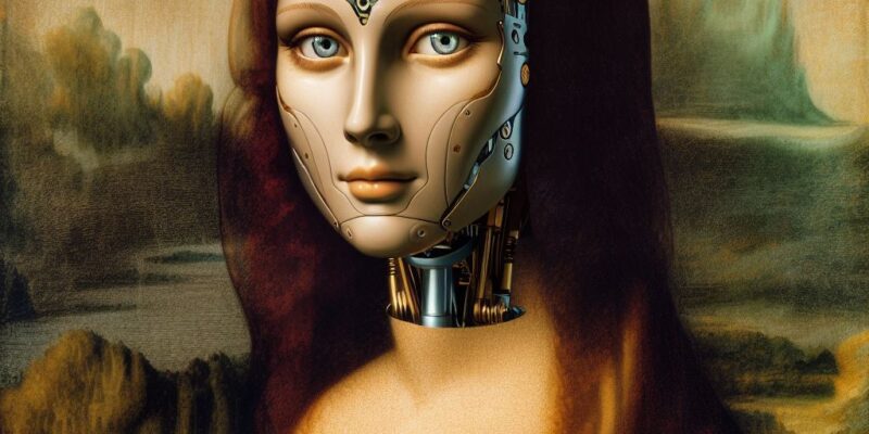 Leonardo-da-Vincis-Mona-Lisa-with-a-female-AI-robot-replacing-the-womans-face Copilot prompt by Cristiano Santos 07/05/2024