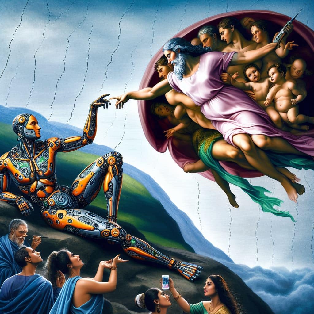 Michelangelo's Creation of Adam with a robot replacing God and a human - Copilot Prompt by Cristiano Santos 06/05/2024 (DD/MM/AAAA)