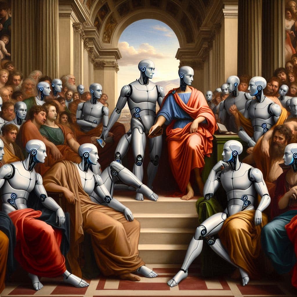 Raphael's The School of Athens with male AI robots replacing men - Copilot prompt by Cristiano Santos 06/05/2024 (DD/MM/AAAA)