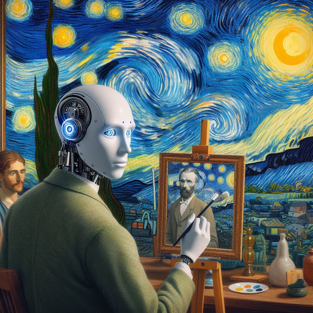 Vincent Van Gogh's The Starry Night with a male AI robot replacing the man's face Copilot prompt by Cristiano Santos 07/05/2024 (DD/MM/AAAA)